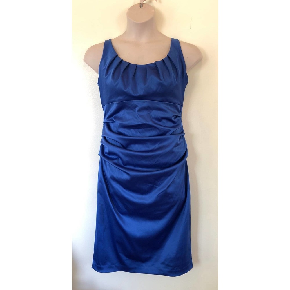 Suzi Chin ruched blue satin dress 14